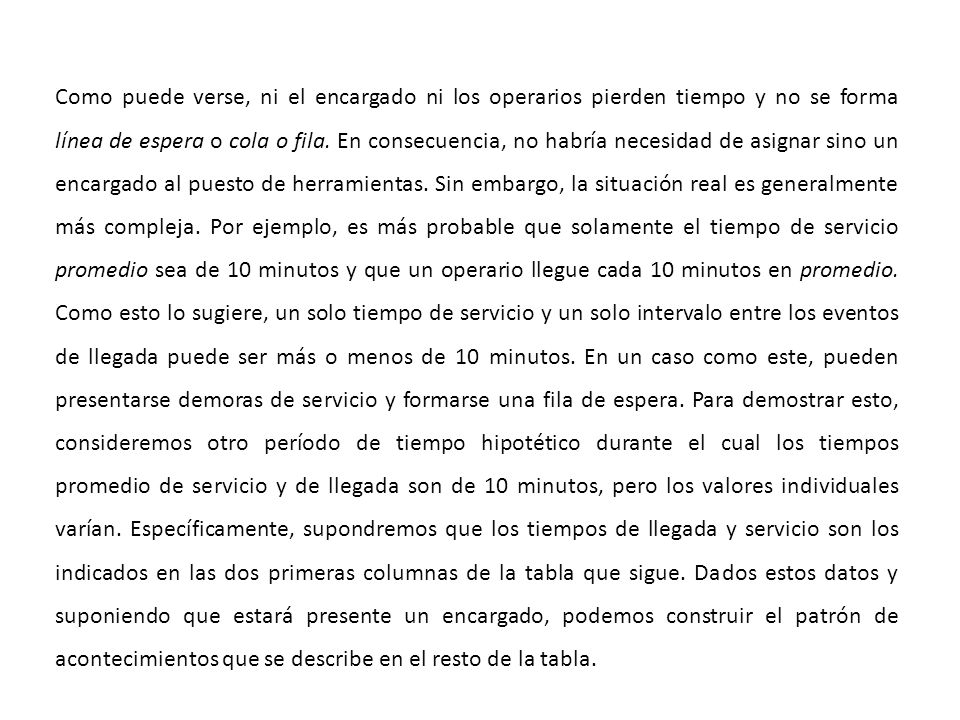 Como puede verse, ni el encargado ni los operarios pierden tiempo y no se for­ma línea de espera o cola o fila.