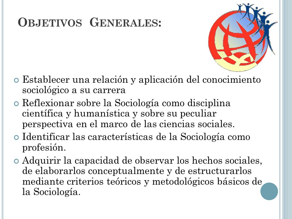 Objetivos Generales: Establecer una relación y aplicación del conocimiento sociológico a su carrera.
