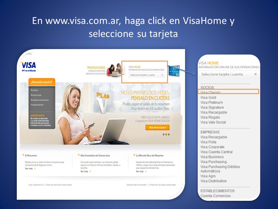 En   haga click en VisaHome y seleccione su tarjeta