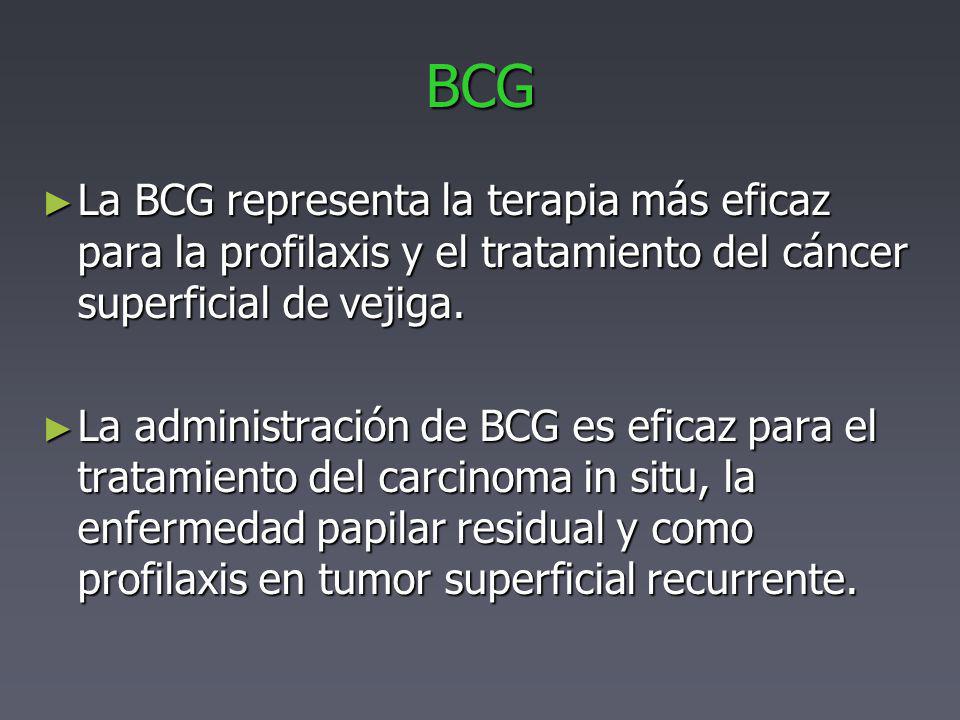 BCG La BCG representa la terapia más eficaz para la profilaxis y el tratamiento del cáncer superficial de vejiga.