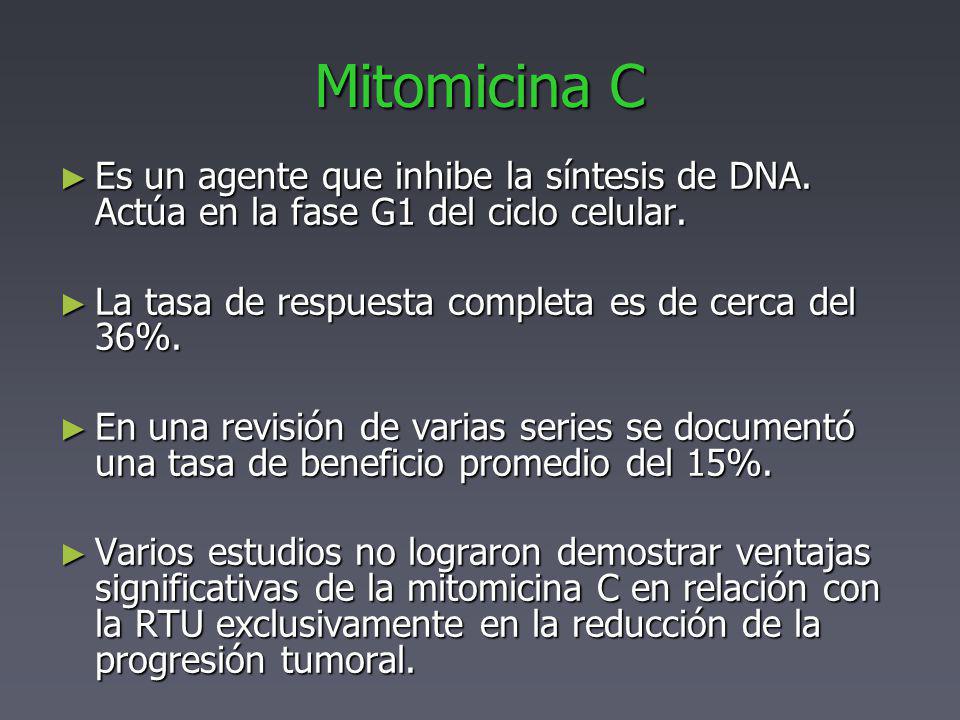 Mitomicina C Es un agente que inhibe la síntesis de DNA. Actúa en la fase G1 del ciclo celular. La tasa de respuesta completa es de cerca del 36%.
