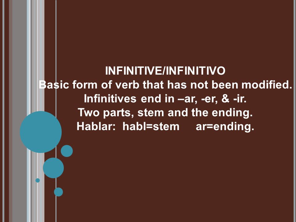 INFINITIVE/INFINITIVO Basic form of verb that has not been modified.