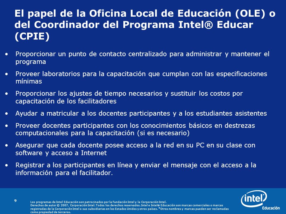 El papel de la Oficina Local de Educación (OLE) o del Coordinador del Programa Intel® Educar (CPIE)