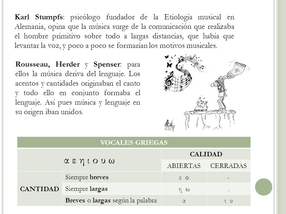 Karl Stumpfs: psicólogo fundador de la Etiología musical en Alemania, opina que la música surge de la comunicación que realizaba el hombre primitivo sobre todo a largas distancias, que había que levantar la voz, y poco a poco se formarían los motivos musicales.