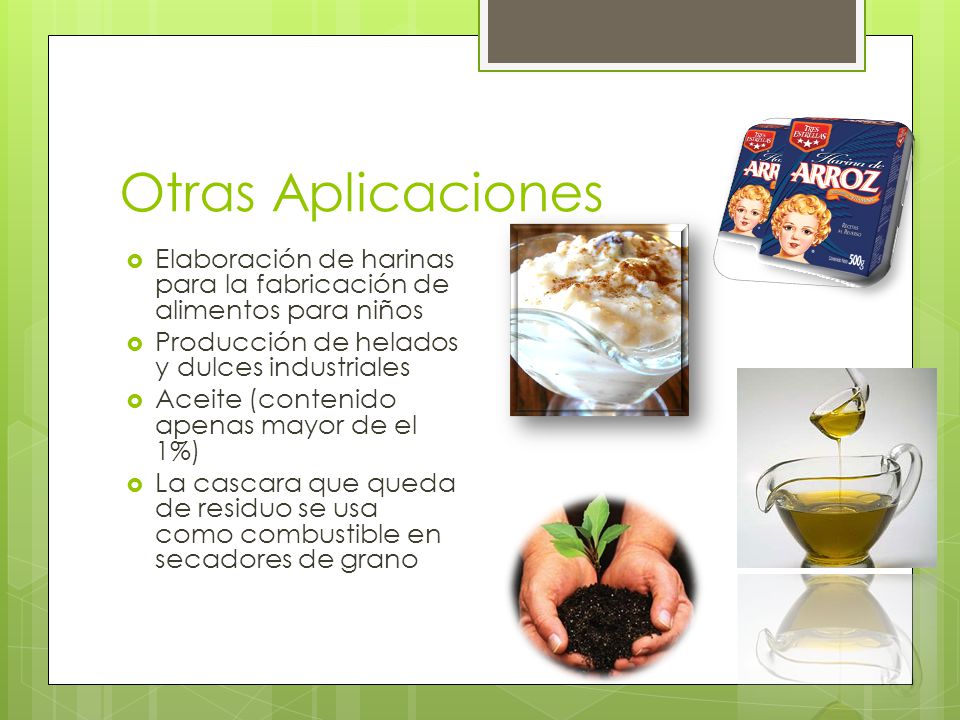 Otras Aplicaciones Elaboración de harinas para la fabricación de alimentos para niños. Producción de helados y dulces industriales.