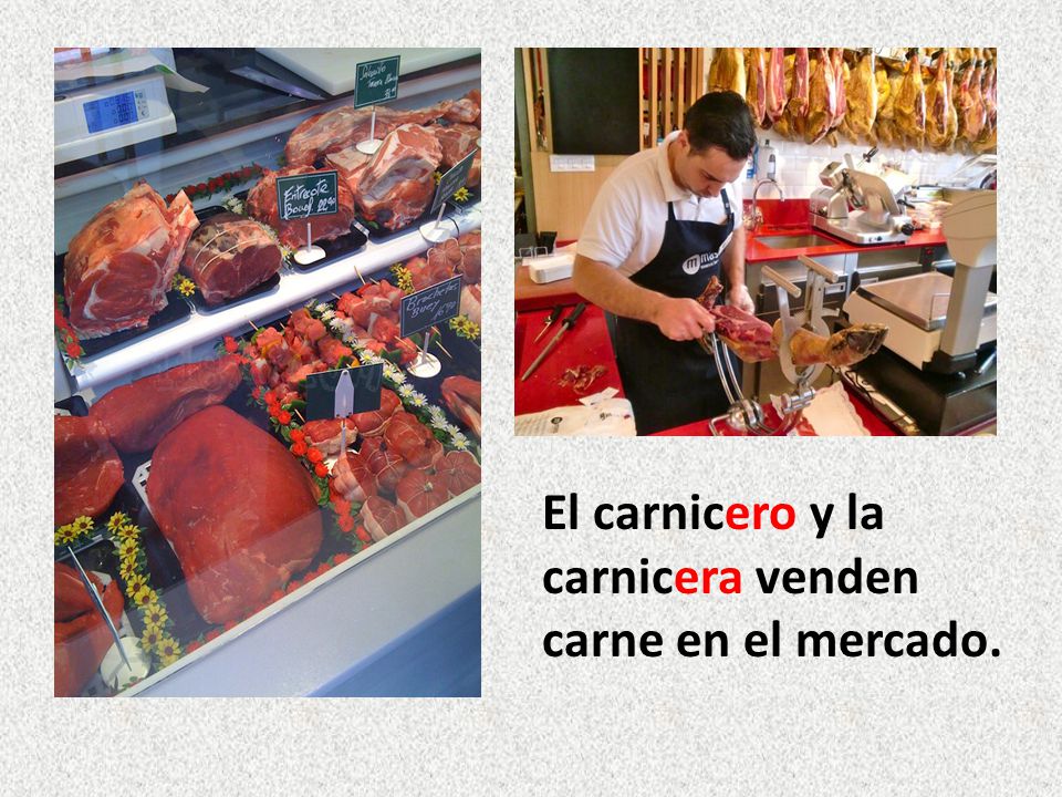 El carnicero y la carnicera venden carne en el mercado.