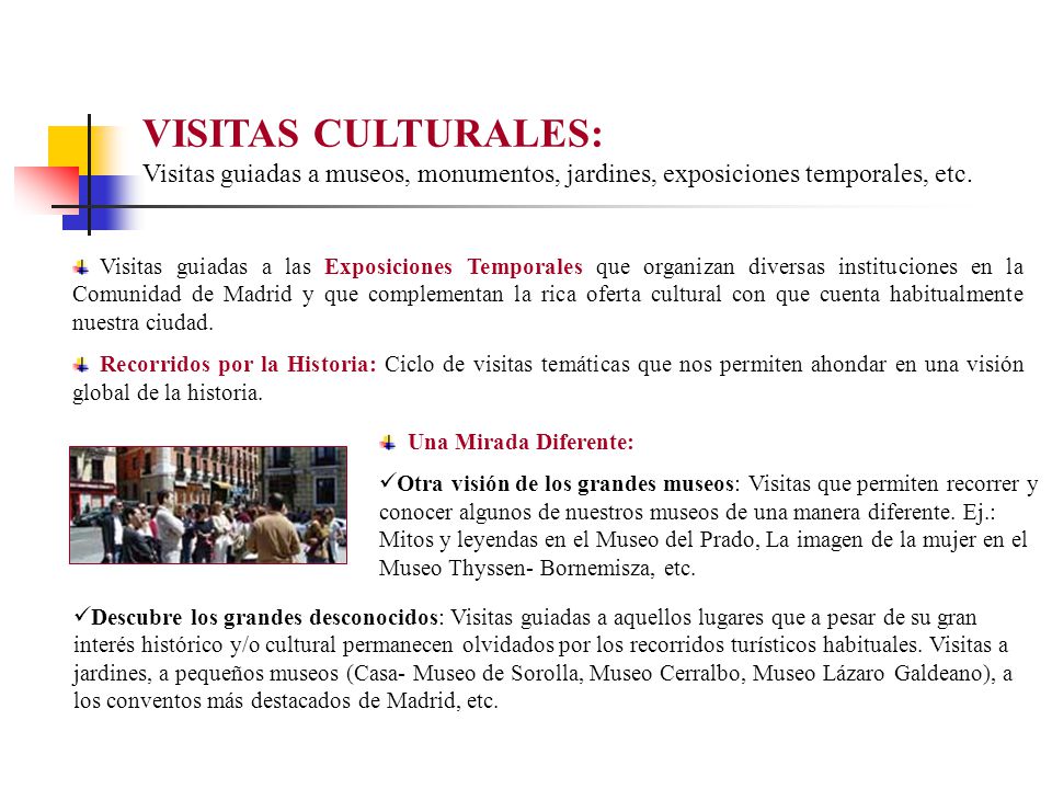 VISITAS CULTURALES: Visitas guiadas a museos, monumentos, jardines, exposiciones temporales, etc.