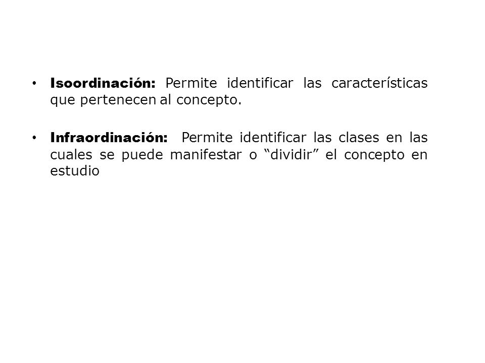 Isoordinación: Permite identificar las características que pertenecen al concepto.