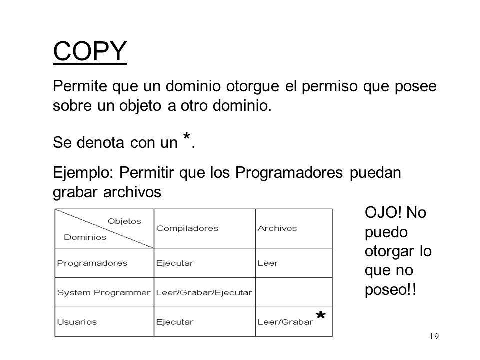 COPY Permite que un dominio otorgue el permiso que posee sobre un objeto a otro dominio. Se denota con un *.