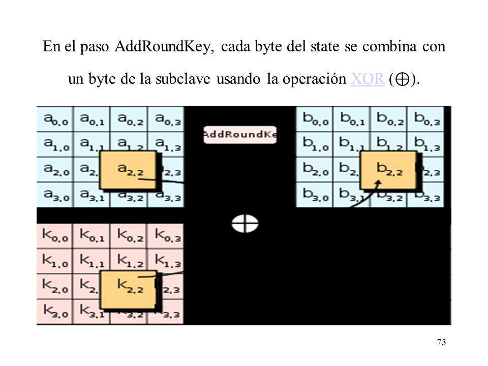 En el paso AddRoundKey, cada byte del state se combina con un byte de la subclave usando la operación XOR (⊕).