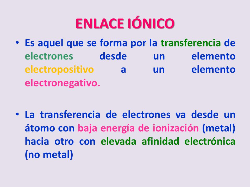 ENLACE IÓNICO Es aquel que se forma por la transferencia de electrones desde un elemento electropositivo a un elemento electronegativo.