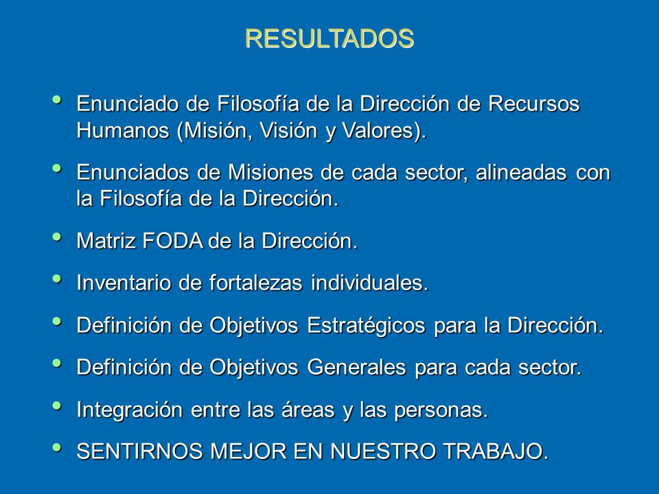 RESULTADOS Enunciado de Filosofía de la Dirección de Recursos Humanos (Misión, Visión y Valores).