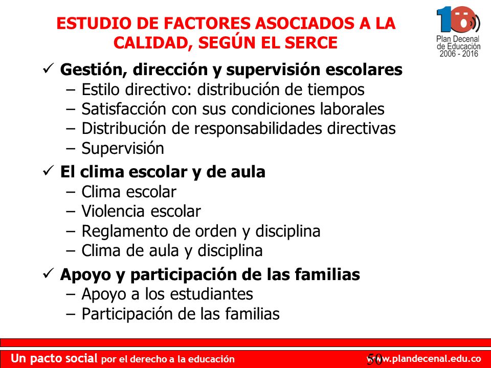 ESTUDIO DE FACTORES ASOCIADOS A LA CALIDAD, SEGÚN EL SERCE
