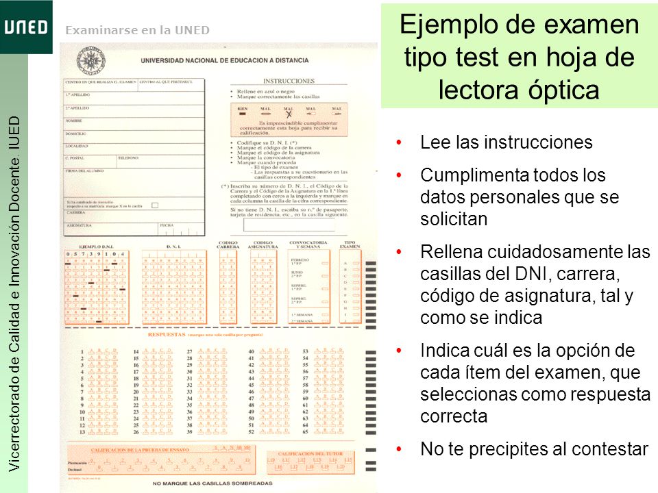 Ejemplo de examen tipo test en hoja de lectora óptica
