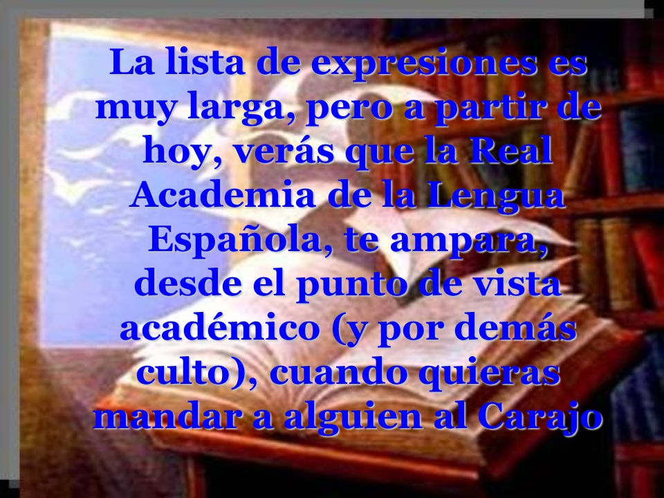La lista de expresiones es muy larga, pero a partir de hoy, verás que la Real Academia de la Lengua Española, te ampara, desde el punto de vista académico (y por demás culto), cuando quieras mandar a alguien al Carajo
