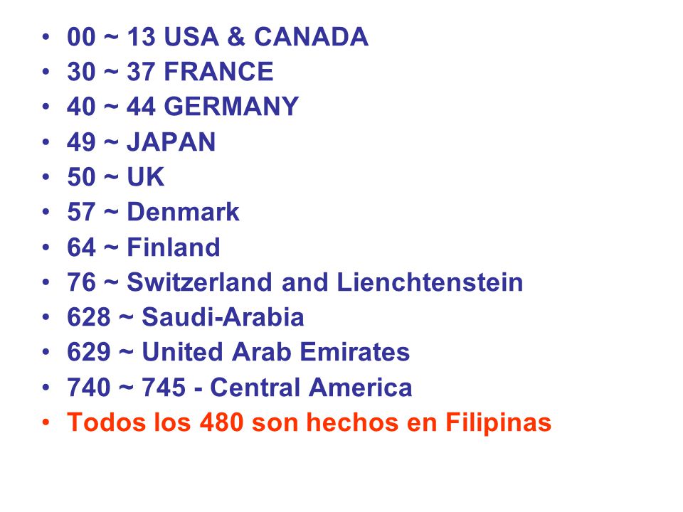 00 ~ 13 USA & CANADA 30 ~ 37 FRANCE. 40 ~ 44 GERMANY. 49 ~ JAPAN. 50 ~ UK. 57 ~ Denmark. 64 ~ Finland.