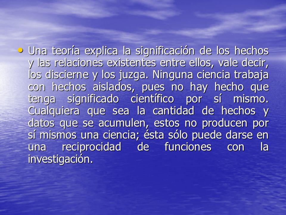 Una teoría explica la significación de los hechos y las relaciones existentes entre ellos, vale decir, los discierne y los juzga. Ninguna ciencia trabaja con hechos aislados, pues no hay hecho que tenga significado científico por sí mismo. Cualquiera que sea la cantidad de hechos y datos que se acumulen, estos no producen por sí mismos una ciencia; ésta sólo puede darse en una reciprocidad de funciones con la investigación.