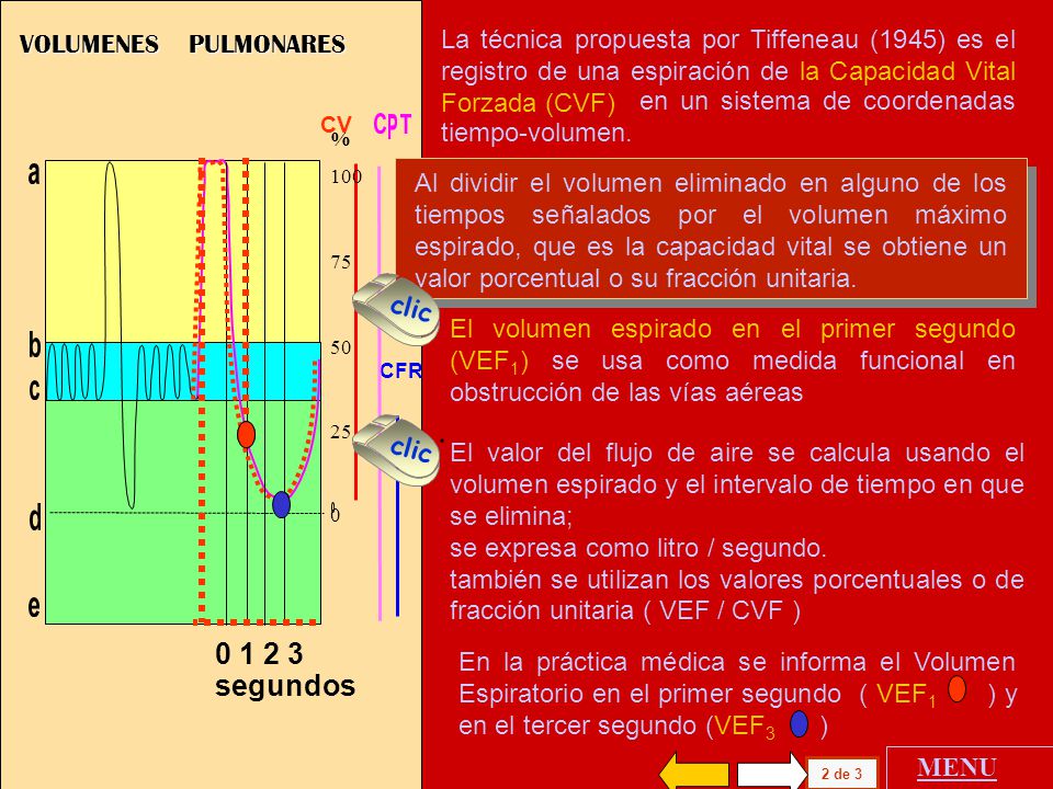 VOLUMENES PULMONARES La técnica propuesta por Tiffeneau (1945) es el registro de una espiración de la Capacidad Vital Forzada (CVF)