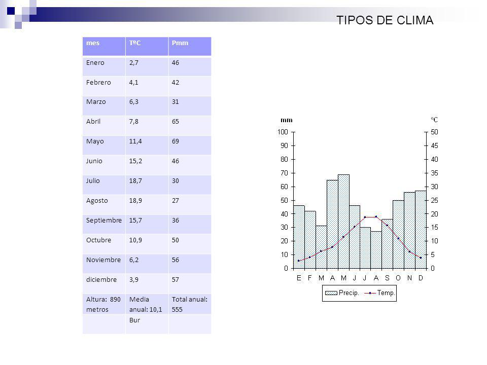 TIPOS DE CLIMA mes TºC Pmm Enero 2,7 46 Febrero 4,1 42 Marzo 6,3 31