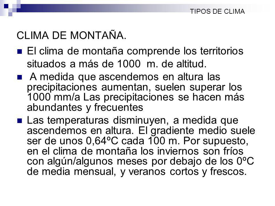 TIPOS DE CLIMA CLIMA DE MONTAÑA. El clima de montaña comprende los territorios situados a más de 1000 m. de altitud.