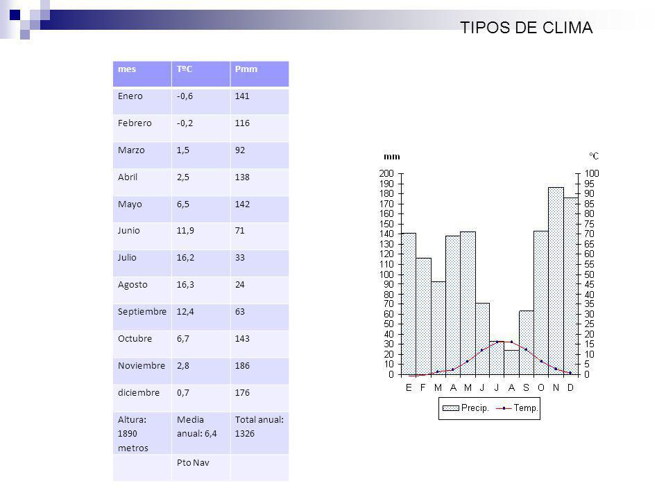 TIPOS DE CLIMA mes TºC Pmm Enero -0,6 141 Febrero -0,2 116 Marzo 1,5