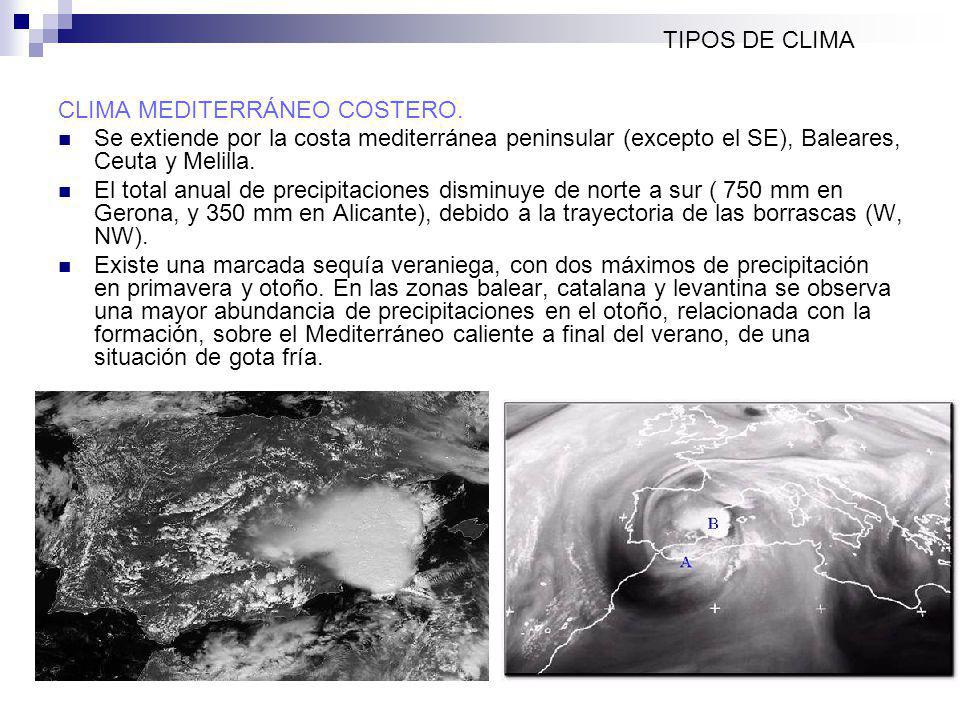 TIPOS DE CLIMA CLIMA MEDITERRÁNEO COSTERO. Se extiende por la costa mediterránea peninsular (excepto el SE), Baleares, Ceuta y Melilla.