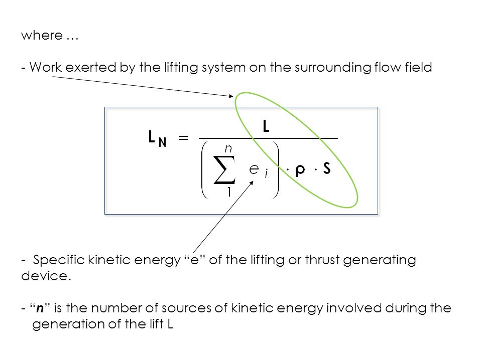 where … Work exerted by the lifting system on the surrounding flow field. Specific kinetic energy e of the lifting or thrust generating device.