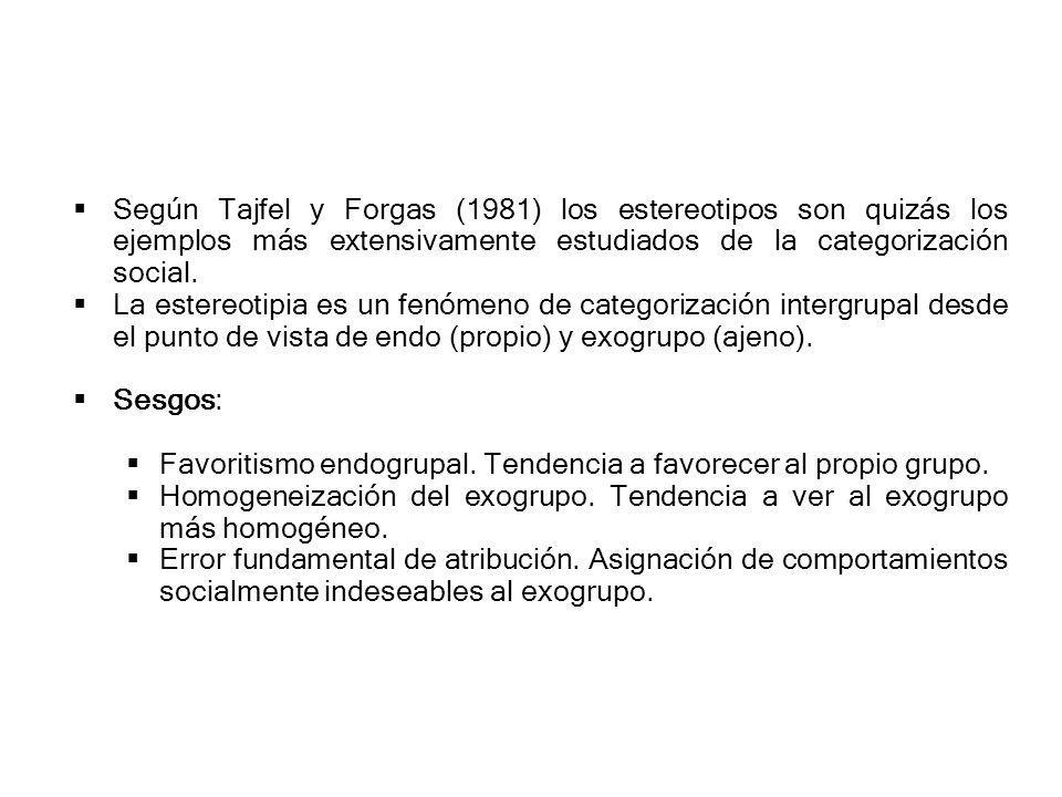 Según Tajfel y Forgas (1981) los estereotipos son quizás los ejemplos más extensivamente estudiados de la categorización social.