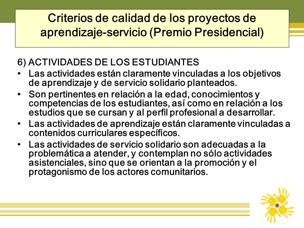 Criterios de calidad de los proyectos de aprendizaje-servicio (Premio Presidencial)