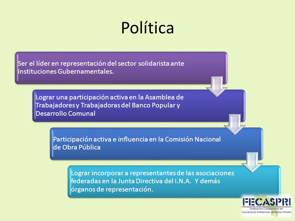 Política Ser el líder en representación del sector solidarista ante Instituciones Gubernamentales.