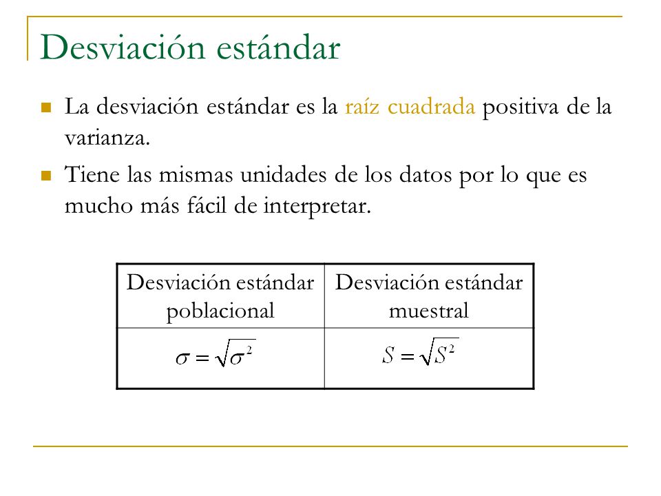 Desviación estándar La desviación estándar es la raíz cuadrada positiva de la varianza.