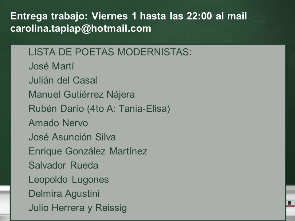 Entrega trabajo: Viernes 1 hasta las 22:00 al mail carolina