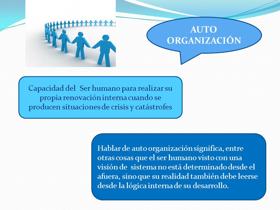 AUTO ORGANIZACIÓN. Capacidad del Ser humano para realizar su propia renovación interna cuando se producen situaciones de crisis y catástrofes.