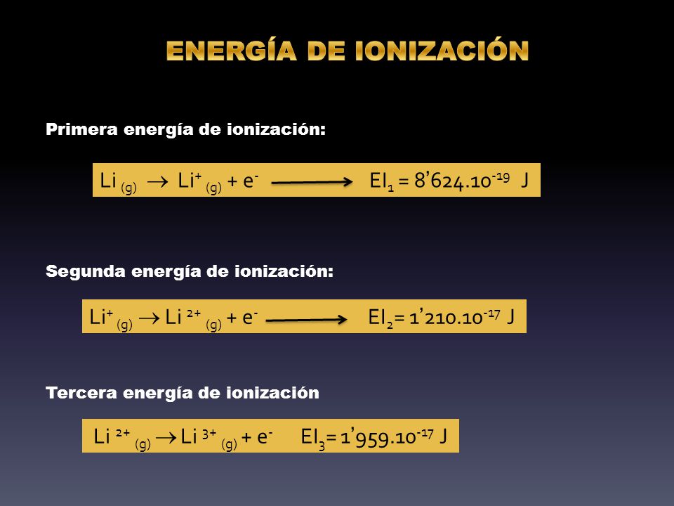 ENERGÍA DE IONIZACIÓN Li (g)  Li+ (g) + e- EI1 = 8’ J