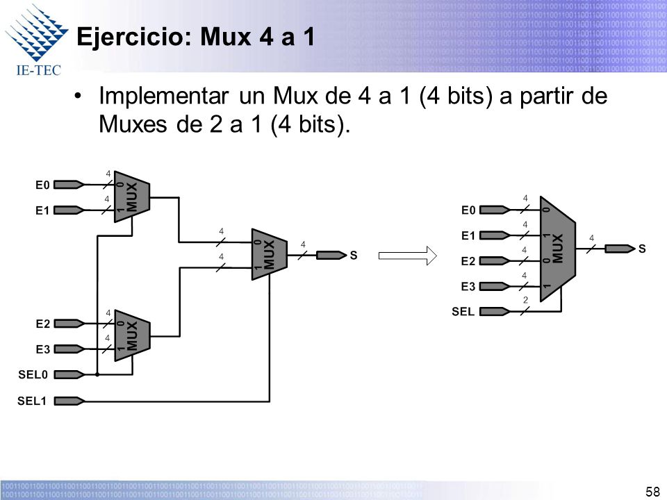 Ejercicio: Mux 4 a 1 Implementar un Mux de 4 a 1 (4 bits) a partir de Muxes de 2 a 1 (4 bits).