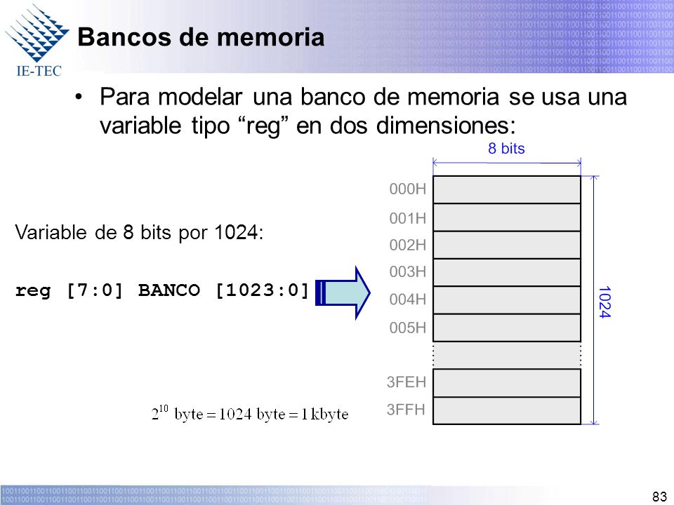 Bancos de memoria Para modelar una banco de memoria se usa una variable tipo reg en dos dimensiones: