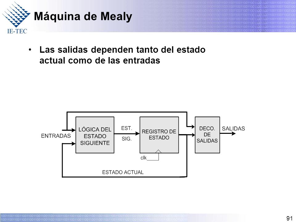 Máquina de Mealy Las salidas dependen tanto del estado actual como de las entradas.
