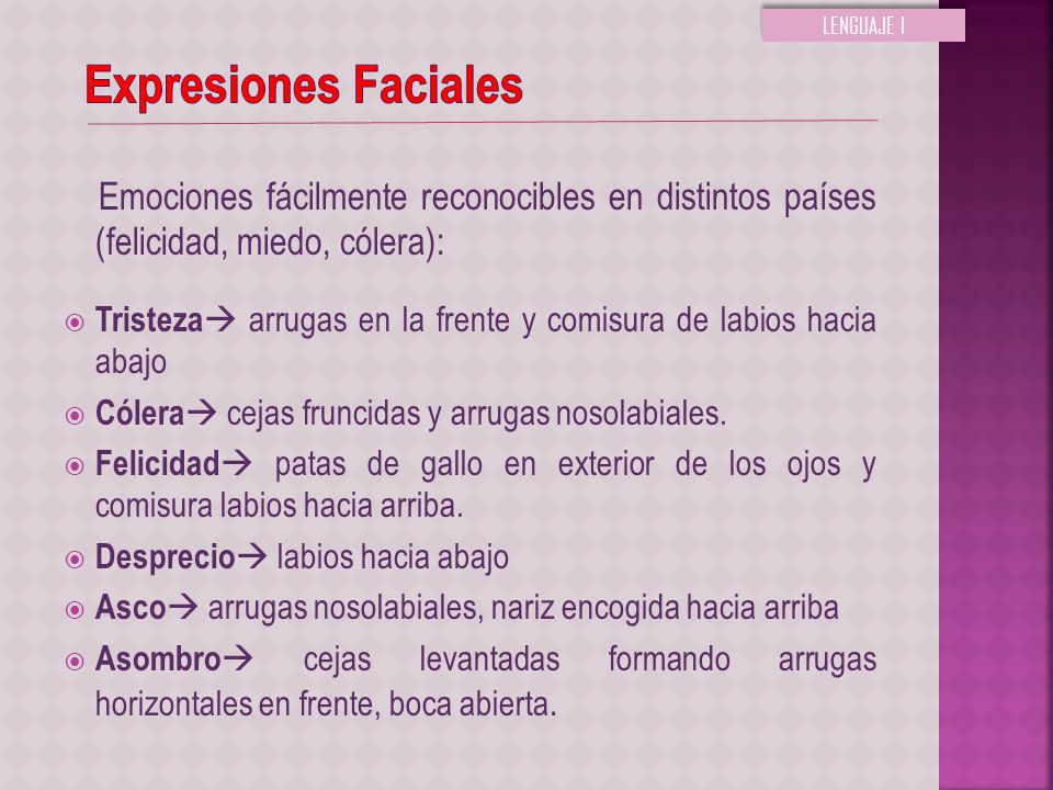 LENGUAJE I Expresiones Faciales. Emociones fácilmente reconocibles en distintos países (felicidad, miedo, cólera):