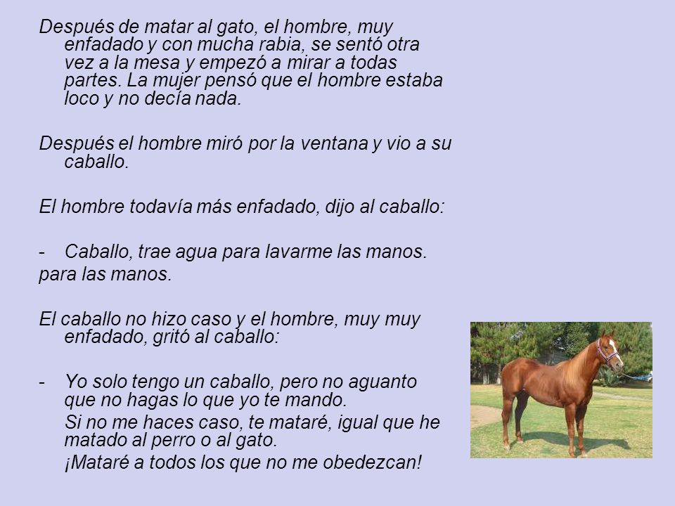 Después de matar al gato, el hombre, muy enfadado y con mucha rabia, se sentó otra vez a la mesa y empezó a mirar a todas partes. La mujer pensó que el hombre estaba loco y no decía nada.
