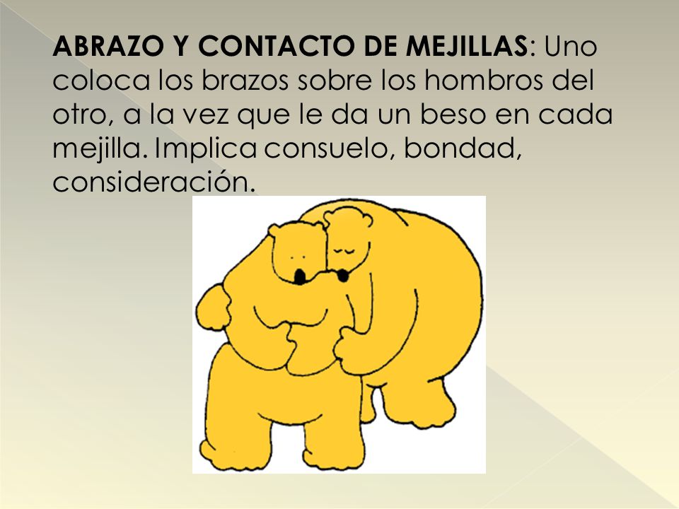 Abrazo y contacto de mejillas: Uno coloca los brazos sobre los hombros del otro, a la vez que le da un beso en cada mejilla.