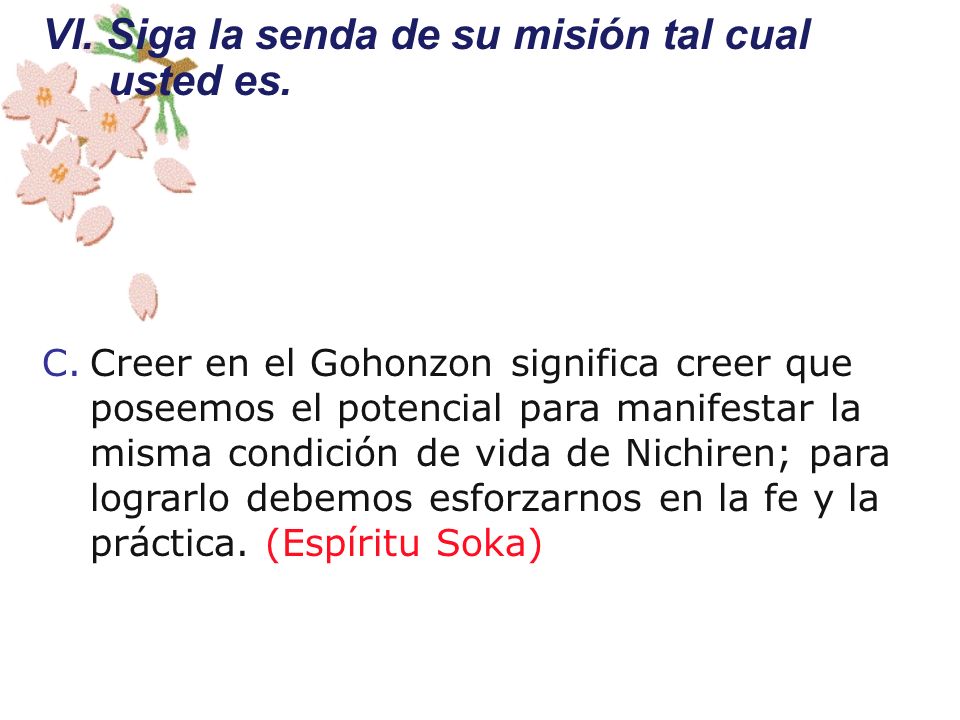 VI. Siga la senda de su misión tal cual usted es.