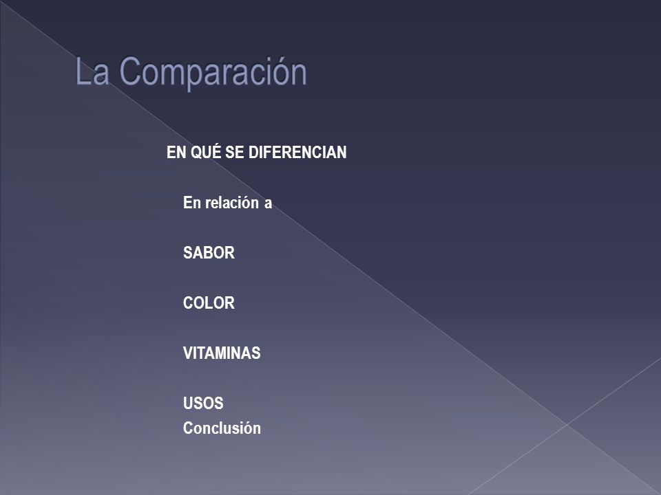 La Comparación EN QUÉ SE DIFERENCIAN En relación a SABOR COLOR VITAMINAS USOS Conclusión