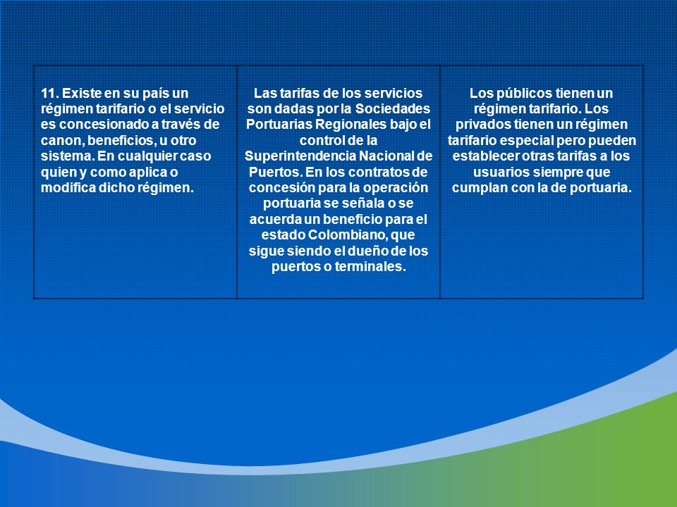 11. Existe en su país un régimen tarifario o el servicio es concesionado a través de canon, beneficios, u otro sistema. En cualquier caso quien y como aplica o modifica dicho régimen.