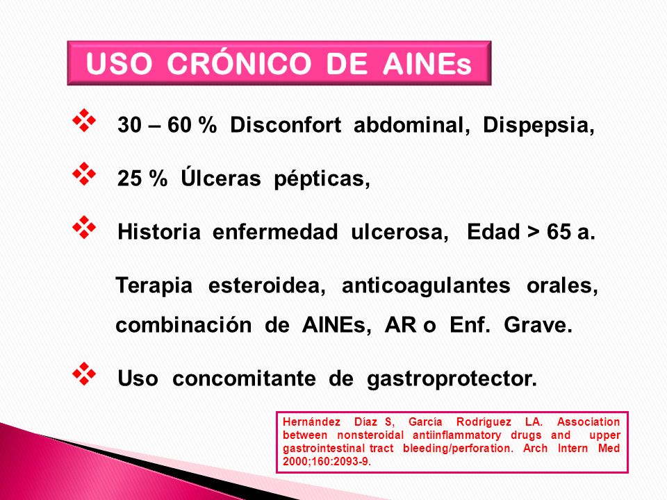 USO CRÓNICO DE AINEs 30 – 60 % Disconfort abdominal, Dispepsia,