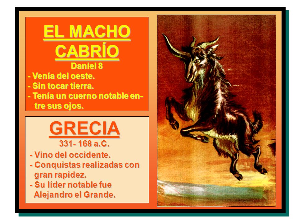 GRECIA EL MACHO CABRÍO Daniel 8 - Venía del oeste. - Sin tocar tierra.