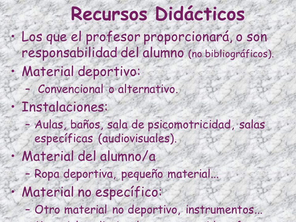 Recursos Didácticos Los que el profesor proporcionará, o son responsabilidad del alumno (no bibliográficos).