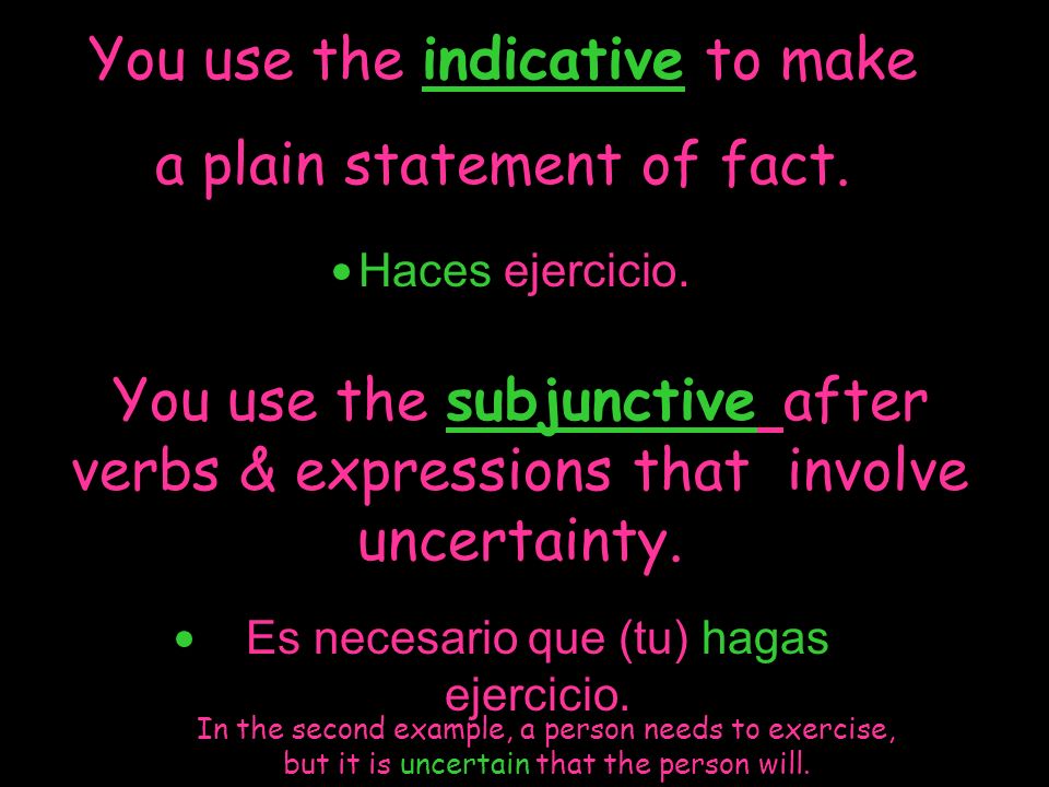 You use the indicative to make a plain statement of fact.