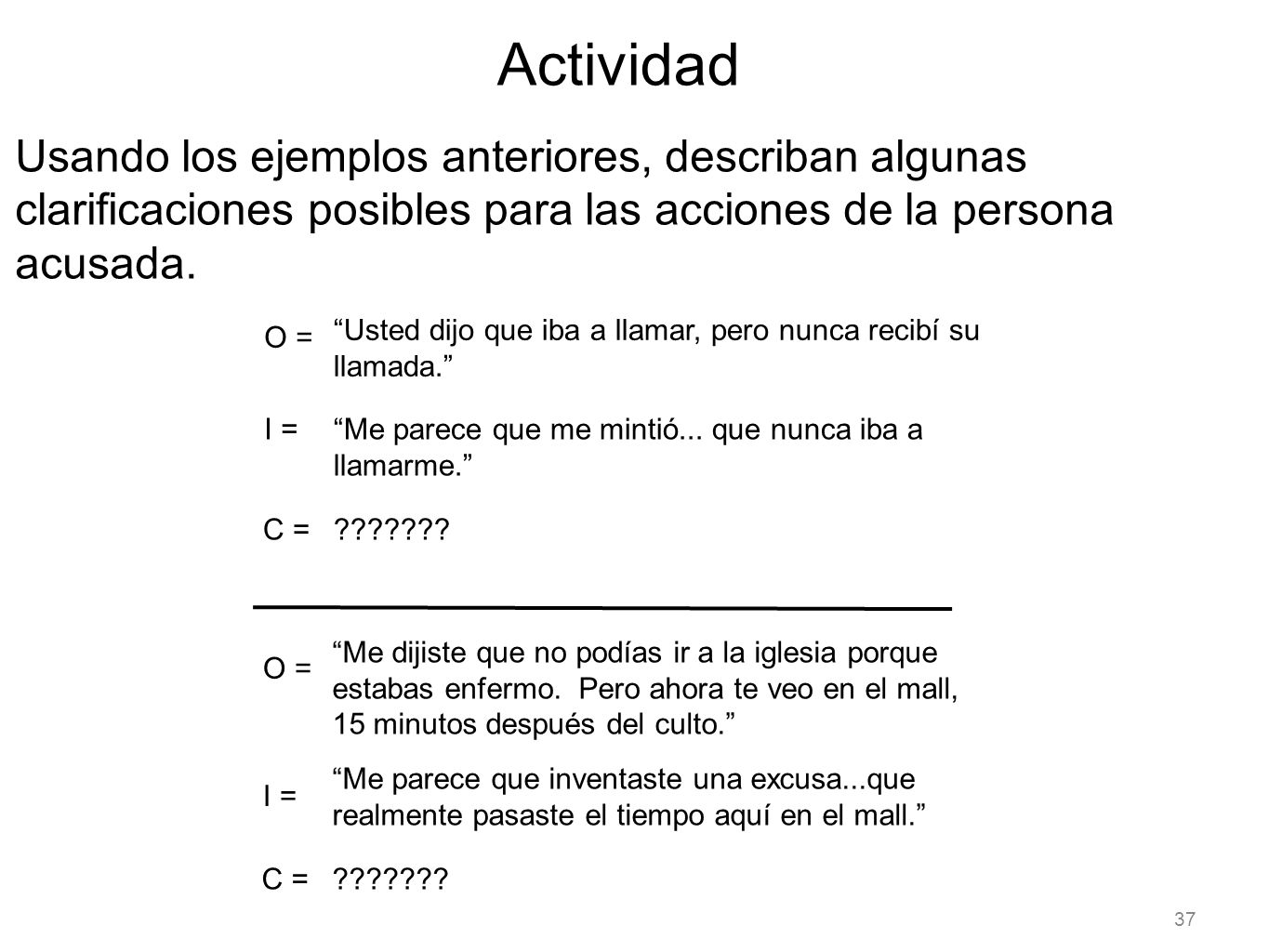 Actividad Usando los ejemplos anteriores, describan algunas clarificaciones posibles para las acciones de la persona acusada.