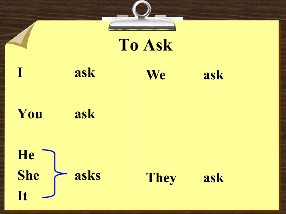 To Ask I ask You ask He She asks It We ask They ask