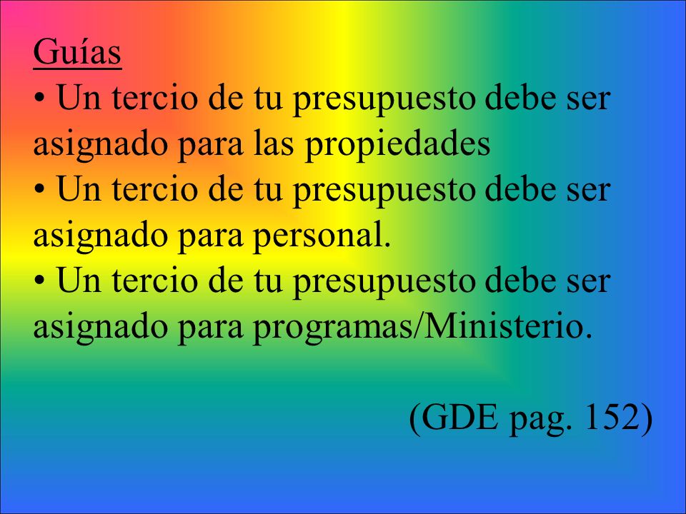 Guías • Un tercio de tu presupuesto debe ser asignado para las propiedades. • Un tercio de tu presupuesto debe ser asignado para personal.